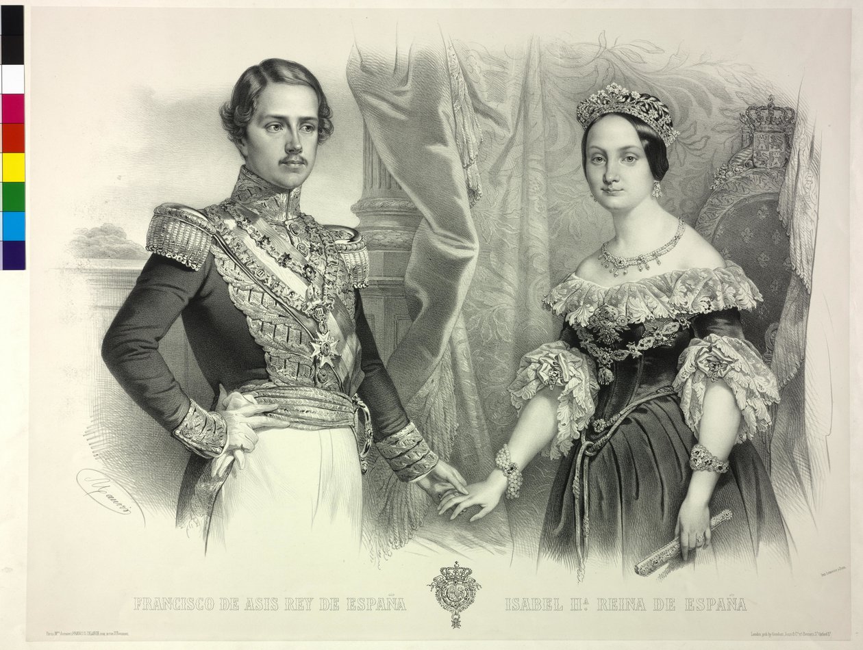 La Reina de España y su esposo Francisco Isabel II (litografía) de Antoine Maurin