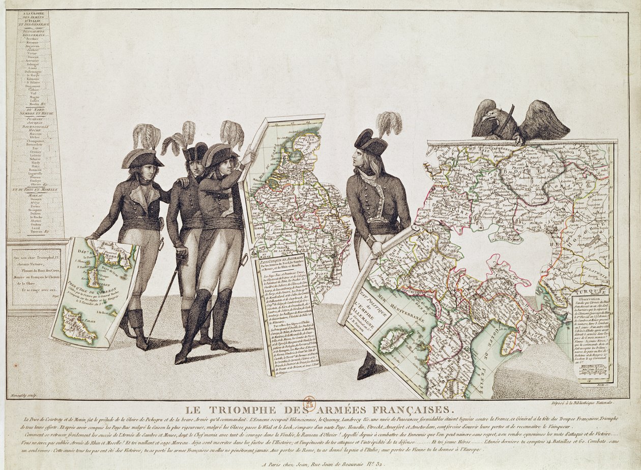 El triunfo de los ejércitos franceses, Napoleón y sus generales sosteniendo mapas de sus victorias en el momento de la Paz de Loeben, 18 de abril de 1797, c.1797 de Antoine Maxime Monsaldy