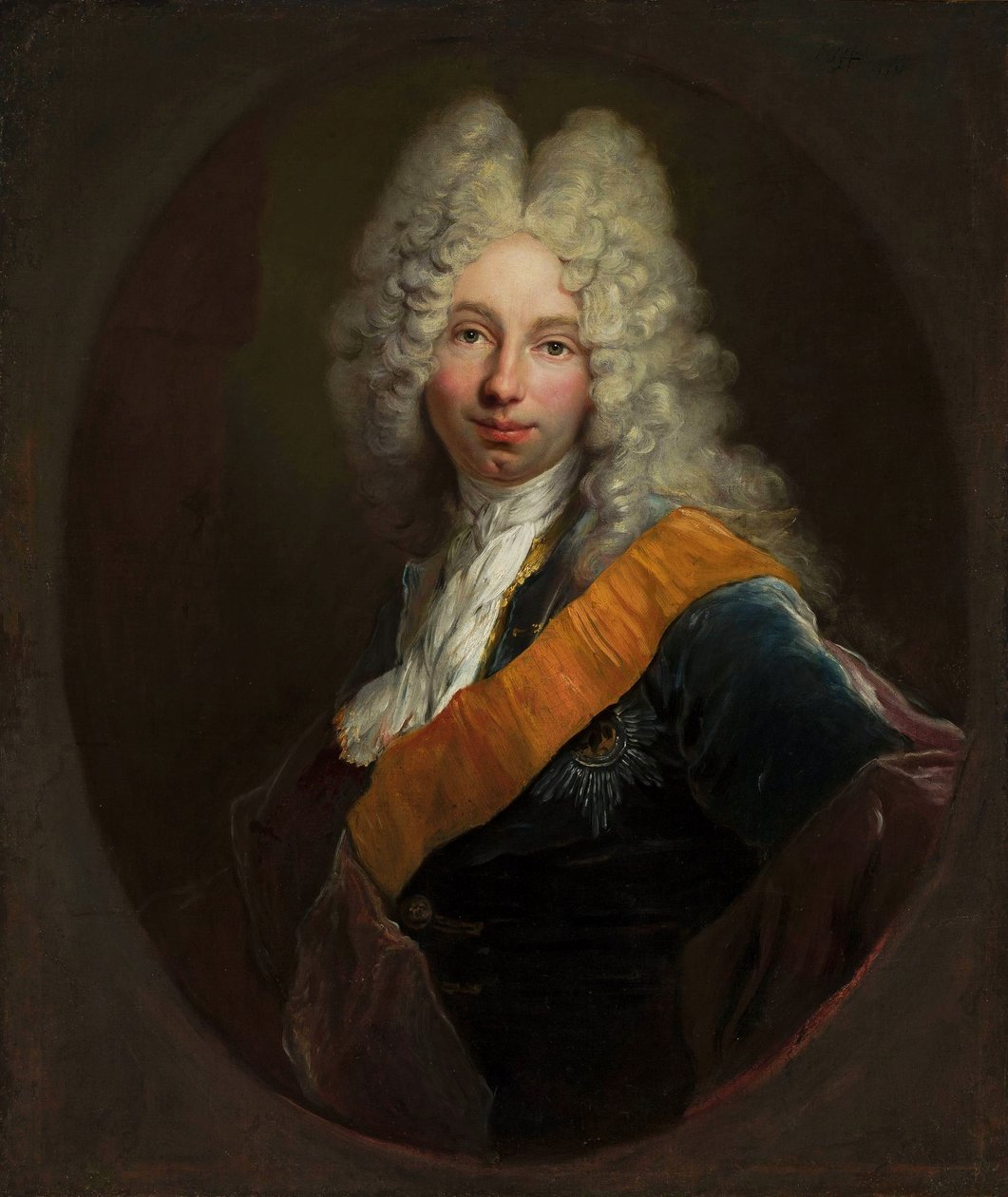 Polaco:  Friedrich Wilhelm Kettler (1692-1711) (Portret mężczyzny w peruce i z orderem Czarnego Orła0 Friedrich Wilhelm Kettler (1692-1711) (Retrato de un hombre con peluca con la Orden del Águila Negra). de Antoine Pesne