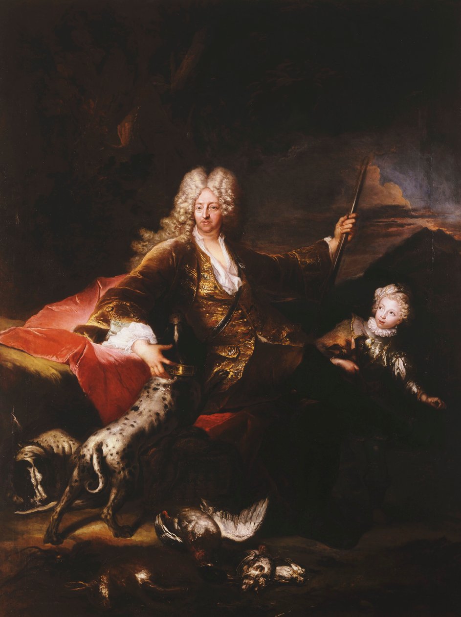 Retrato del Marqués Paolo Corbelli, de cuerpo entero, sentado en un banco al borde de un bosque, 1709 de Antoine Pesne