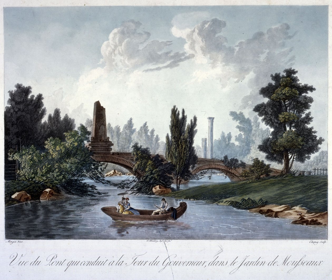 Puente a la Tour du Gouverneur en el Parc Monceau, grabado por Chapuy de Antoine Pierre after Mongin