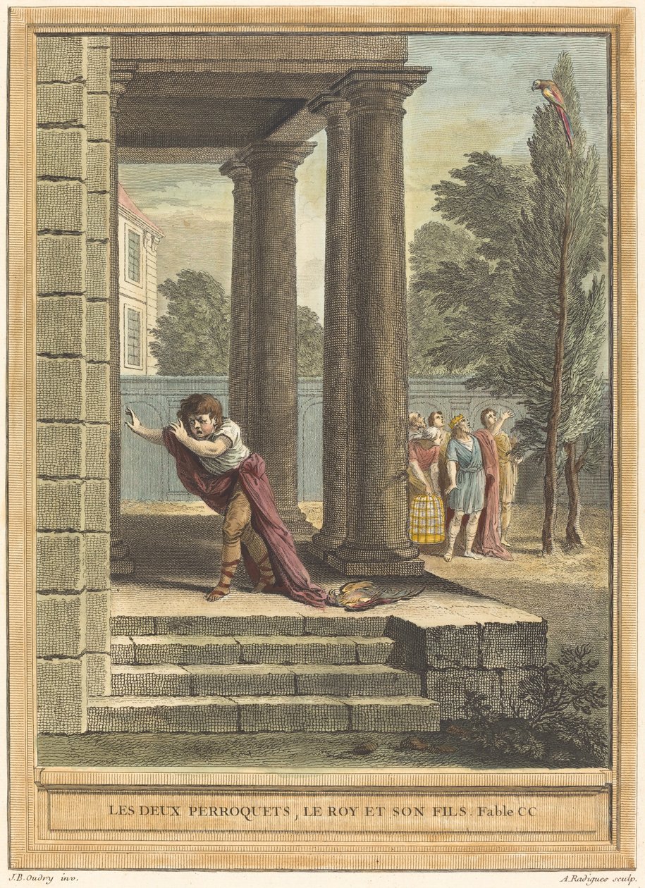 Los dos loros, el rey y su hijo de Antoine Radigues after Jean Baptiste Oudry