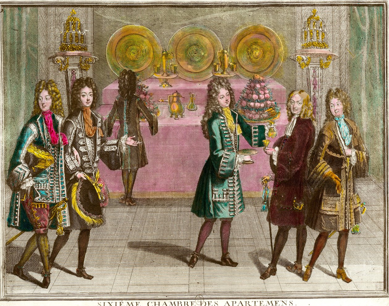 Buffet para bocadillos en el sexto dormitorio de los apartamentos de la familia de Luis XIV (1638-1715) durante las veladas de apartamento en Versalles alrededor de 1696. Grabado por Antoine Trouvain (1656-1708) de Antoine Trouvain