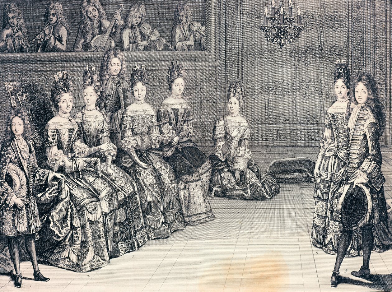 Duque de Borgoña, duquesa de Maine, princesa de Conti y duques de Chartres escuchando música, grabado, Francia de Antoine Trouvain