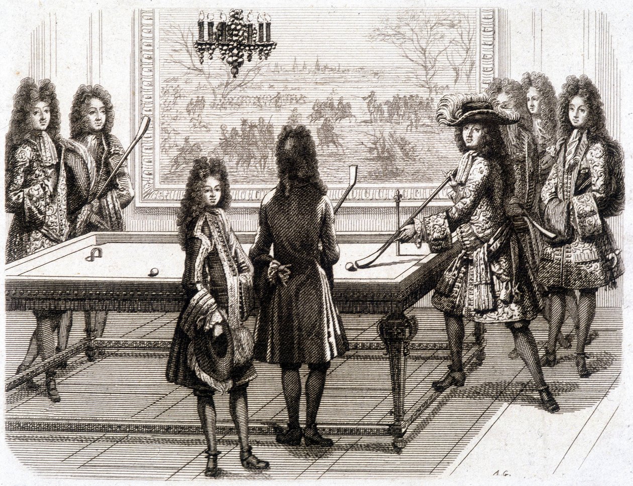 Luis XIV jugando al billar (con Monsieur (hermano del rey), Duque de Vendôme, Conde de Toulouse, Chamillart, el Rey, M. d