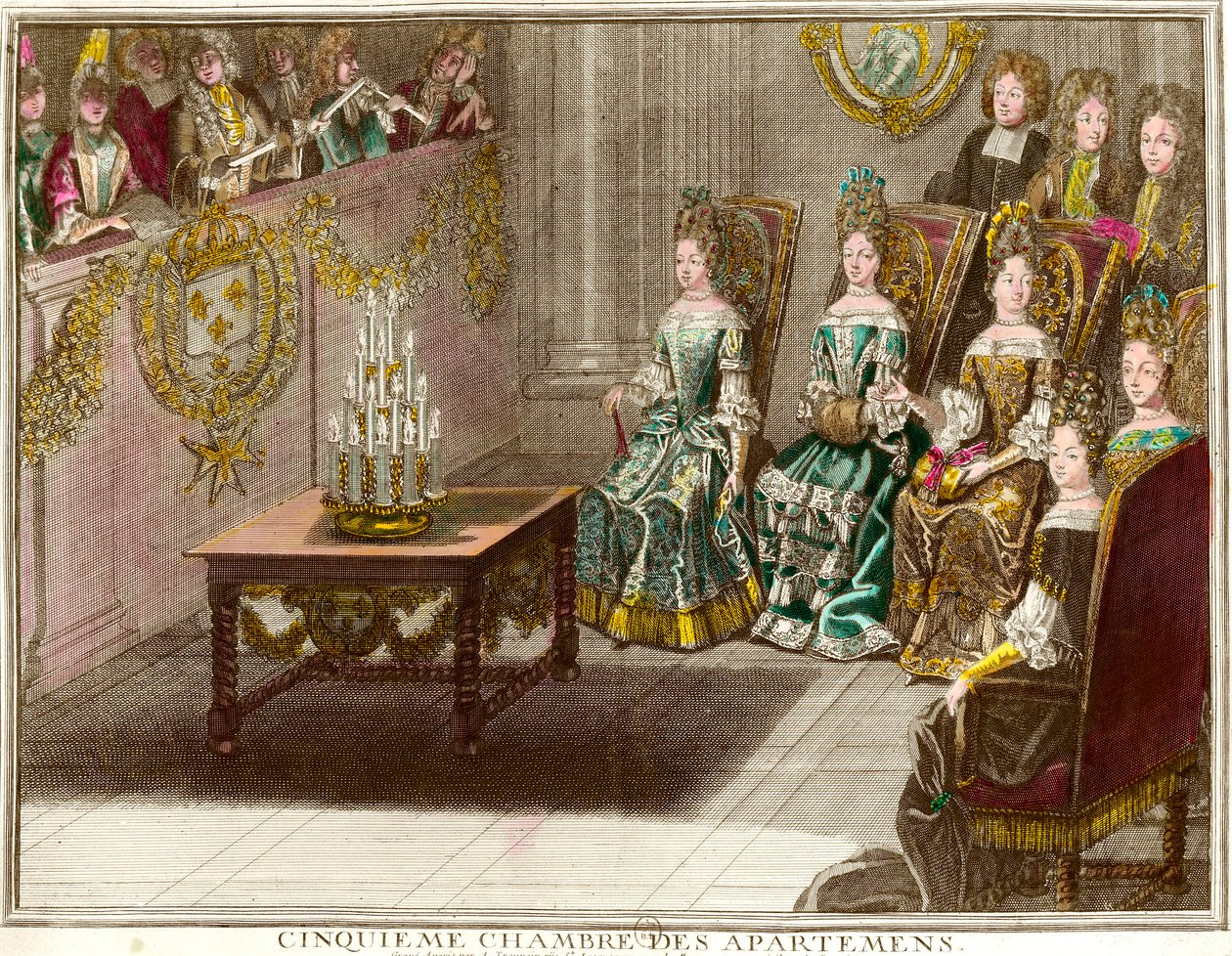 Sesión de música en el quinto dormitorio de los apartamentos familiares de Luis XIV durante las veladas de apartamento en Versalles alrededor de 1694. Grabado por Antoine Trouvain de Antoine Trouvain