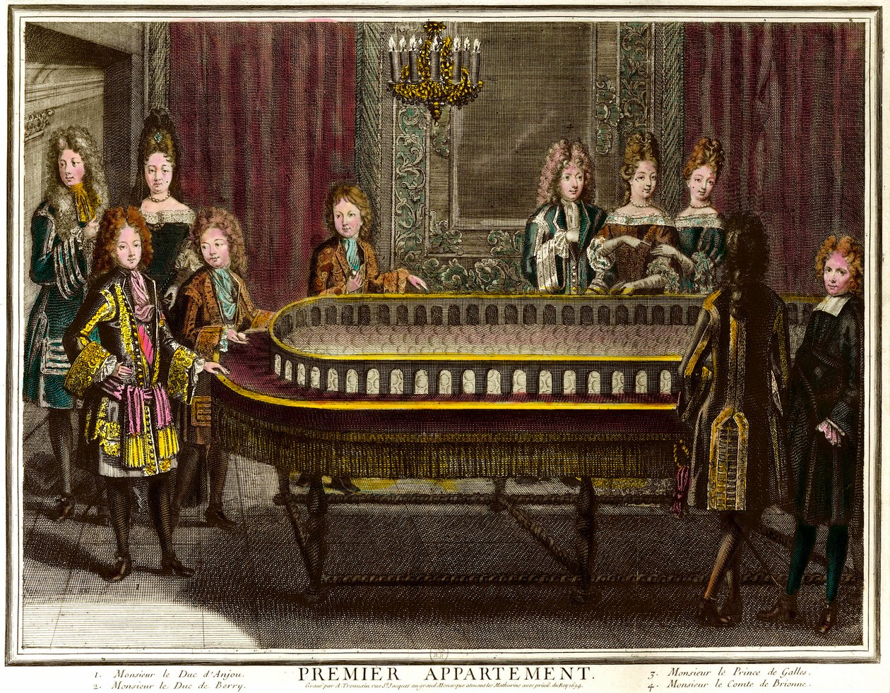 Felipe de Francia, Duque de Anjou, luego Rey de España (1683-1746), Carlos, Duque de Berry (1686-1714) y el Príncipe de Gales jugando en el primer apartamento de Luis XIV en Versalles - Grabado de Antoine Trouvain (1656-1708) de Antoine Trouvain