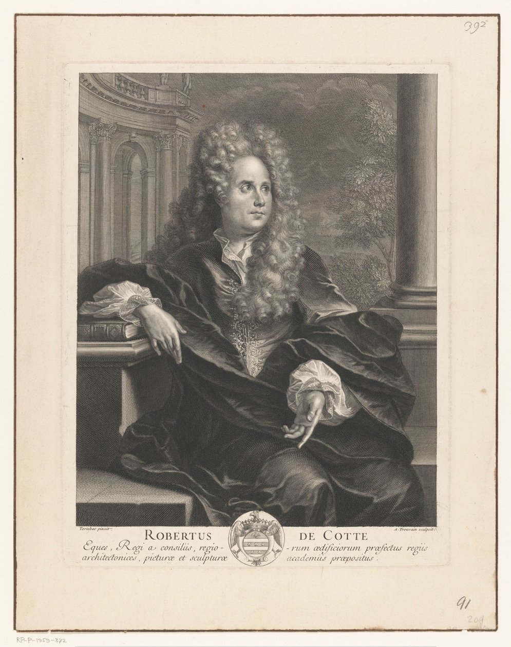 Retrato de Robert de Cotte, apoyado en un libro de arquitectura clásica
Robertus De Cotte (título en el objeto) de Antoine Trouvain