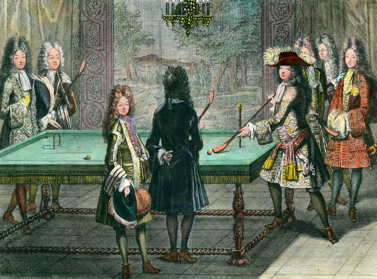 Diversión real en Versalles, el rey Luis XIV jugando al billar con Felipe Duque de Orleans de Antoine Trouvain