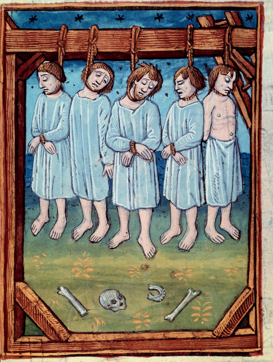 Cinco hombres ahorcados. Miniatura en “crónicas de Saint Denis” París, Antoine Verard de Antoine Verard