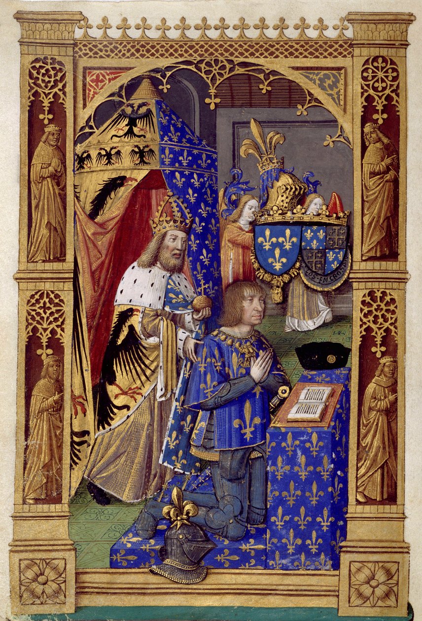 El rey de Francia Luis XII (1462-1515) en oración con Carlomagno detrás de él - Miniatura de Antoine Verard (1485-1512) En ""El libro de horas de Carlos VIII"" de Antoine Verard