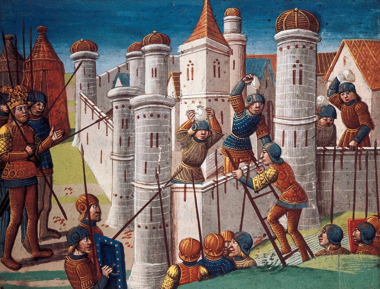 Asedio de una ciudad, miniatura del manuscrito "La novela de Ogier el Danés" de Antoine Verard