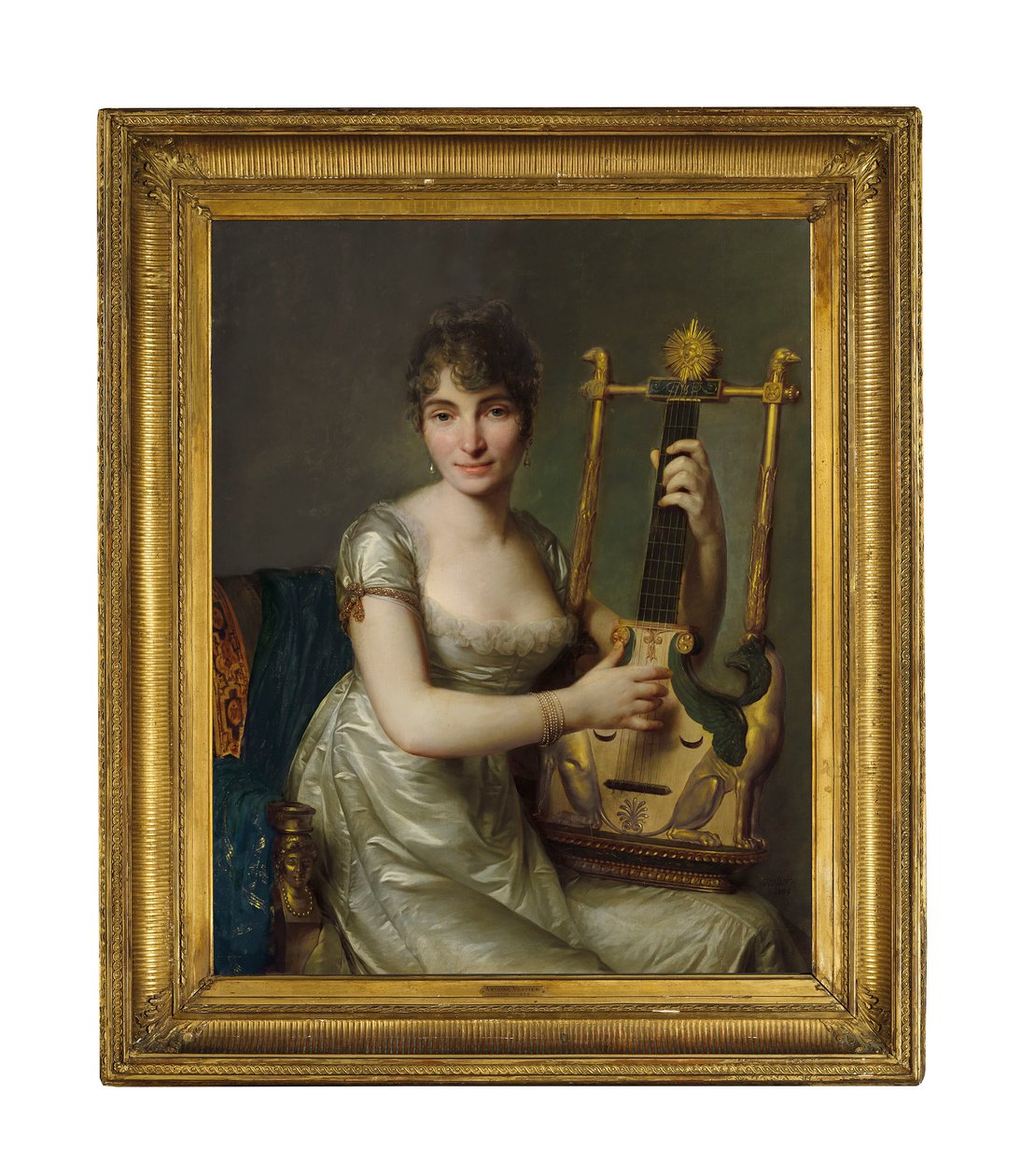 Retrato de Madame Larmoyer, tres cuartos de longitud, sosteniendo una lira de Antoine Vestier