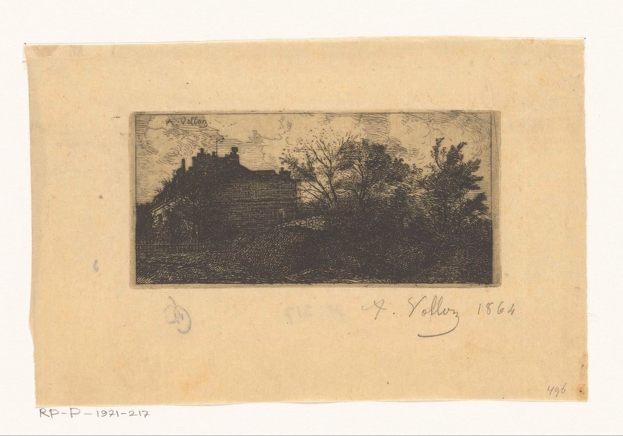 Paisaje con casas detrás de una valla y árboles en primer plano de Antoine Vollon (signed by artist)