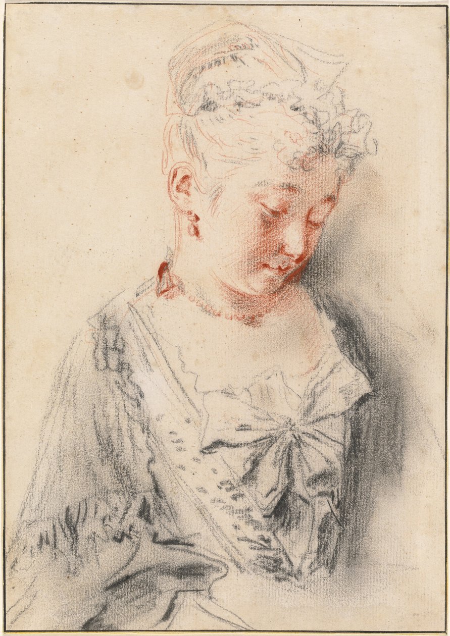 Mujer sentada mirando hacia abajo de Antoine Watteau
