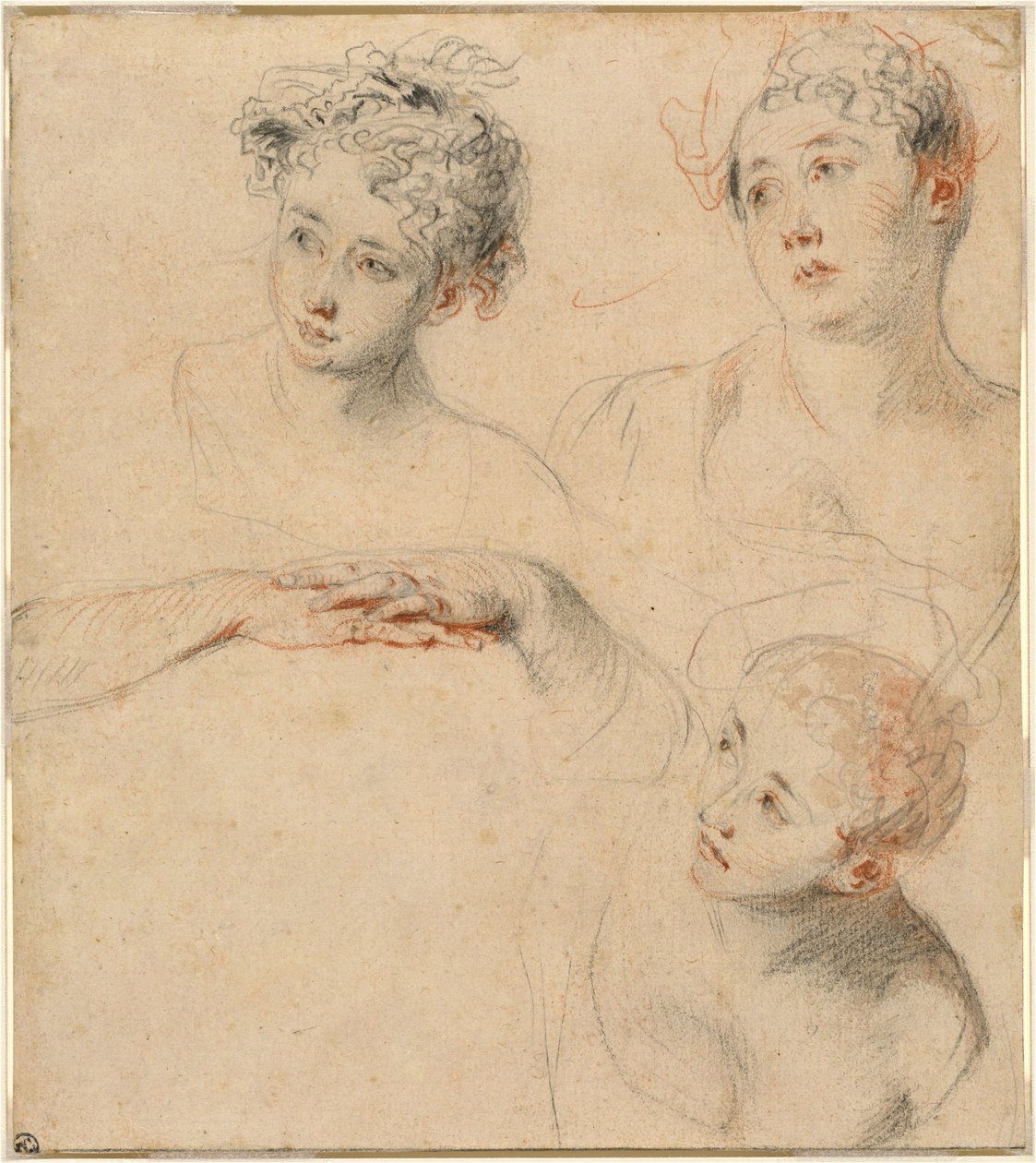 Tres Estudios de la Cabeza de una Mujer y un Estudio de Manos [recto] de Antoine Watteau