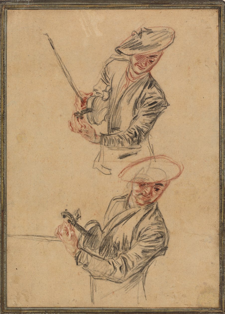 Dos estudios de un violinista afinando su instrumento de Antoine Watteau