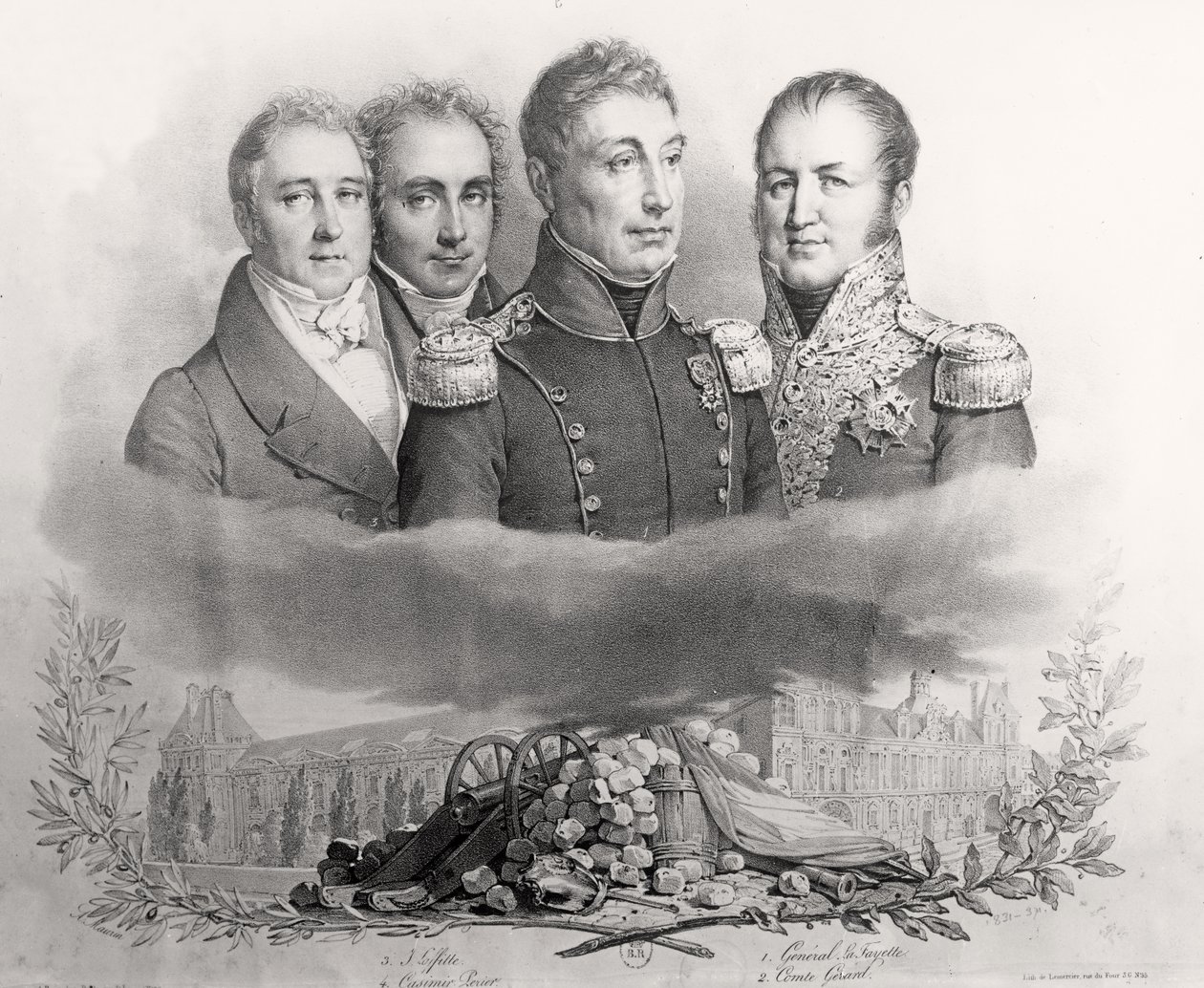 El Gobierno Provisional del 29 de julio de 1830. De izquierda a derecha: Jacques Lafitte (1767-1844), Casimir Perier (1777-1832), General Lafayette (1757-1834) y Conde Etienne Maurice Gerard (1773-1852) 1831 de Antoine Maurin