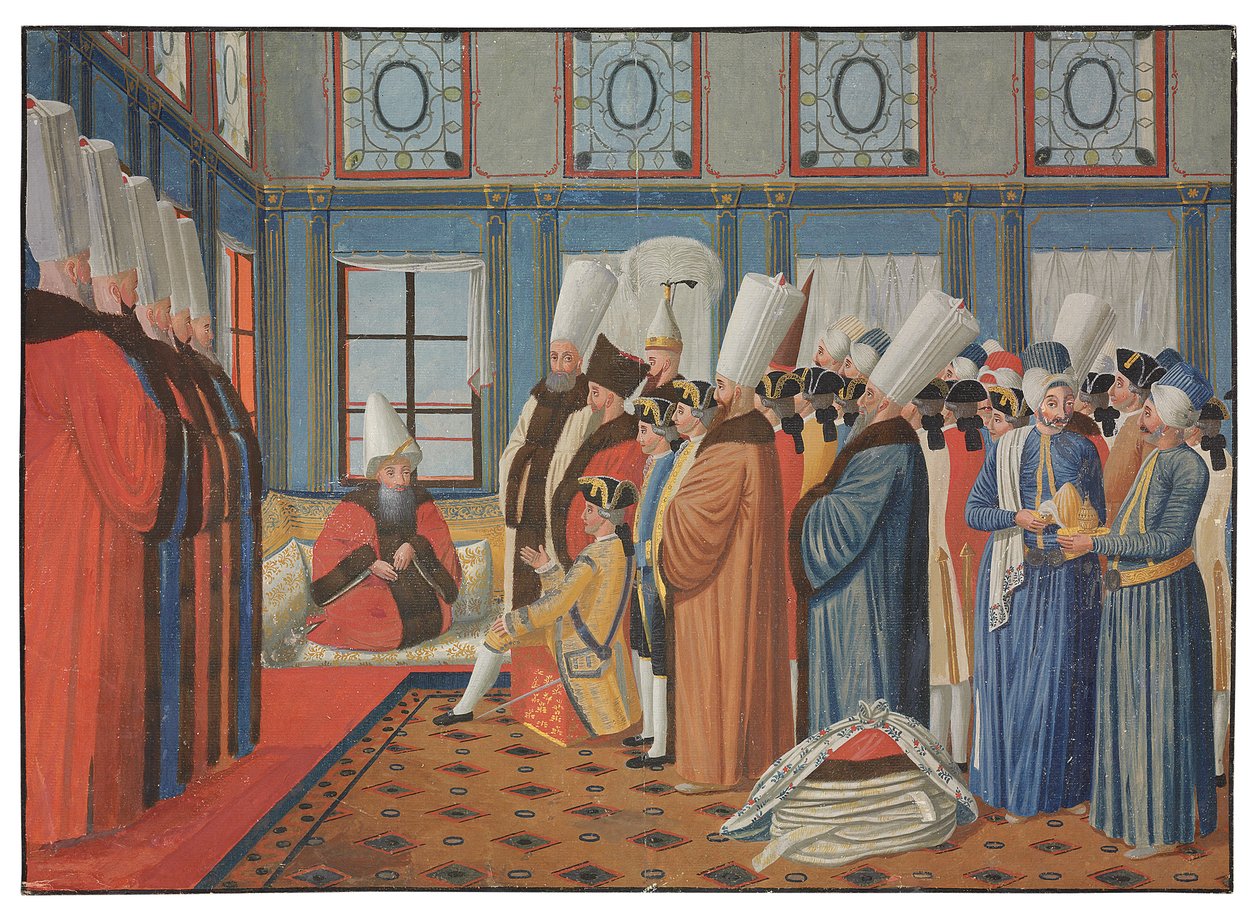 La presentación del Conde de Vergennes, embajador de Luis XV, al Reis Effendi, Gran Visir del Sultán Otomano Uthman III el 31 de mayo de 1755 de Antoine de Favray
