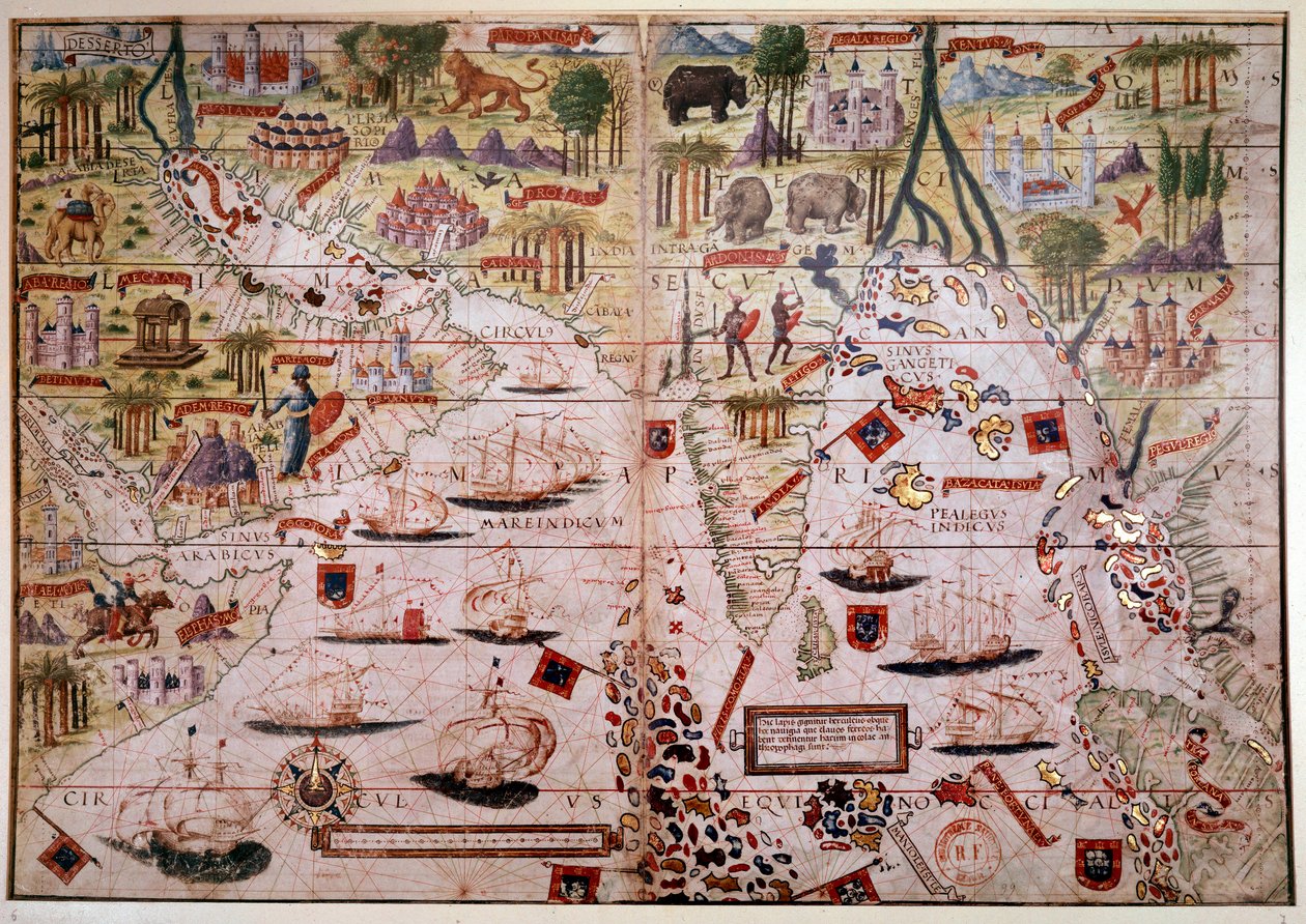 Atlas náutico de las Indias Portuguesas. Página del Atlas Miller manuscrito realizado en 1519 por Pierre y Georges Reinel, Lopo Homem (cartógrafos) y Antoine de Hollande (miniaturista). Siglo XVI. París, B N. de Antoine de Hollande