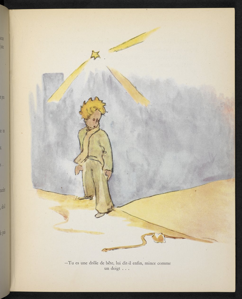 Eres un animal gracioso, le dijo finalmente, delgado como un dedo", ilustración de "Le Petit Prince", de Antoine de Saint-Exupéry. de Antoine de Saint Exupery