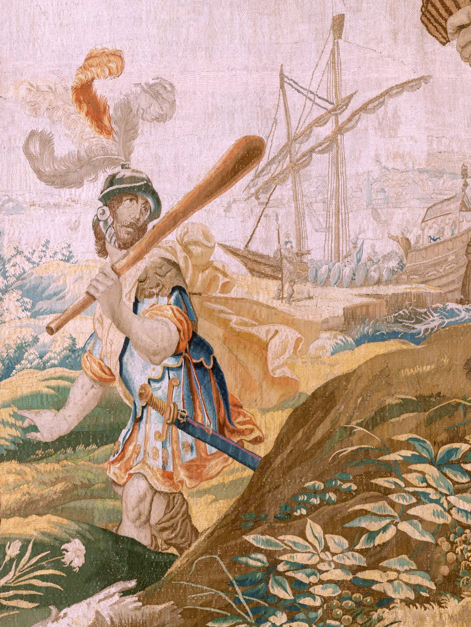 Tapiz flamenco. Serie Historia de Teseo. Teseo abandona a Ariadna en la isla de Naxos (Teseo abandona a Ariadna en la Isla de Naxos). Octavo tapiz de la serie. Modelo Anthonis Sallaert. Manufactura Jan Raes el Joven, Bruselas. Ca 1630. Tela S de Antoine or Anthonis Sallaert