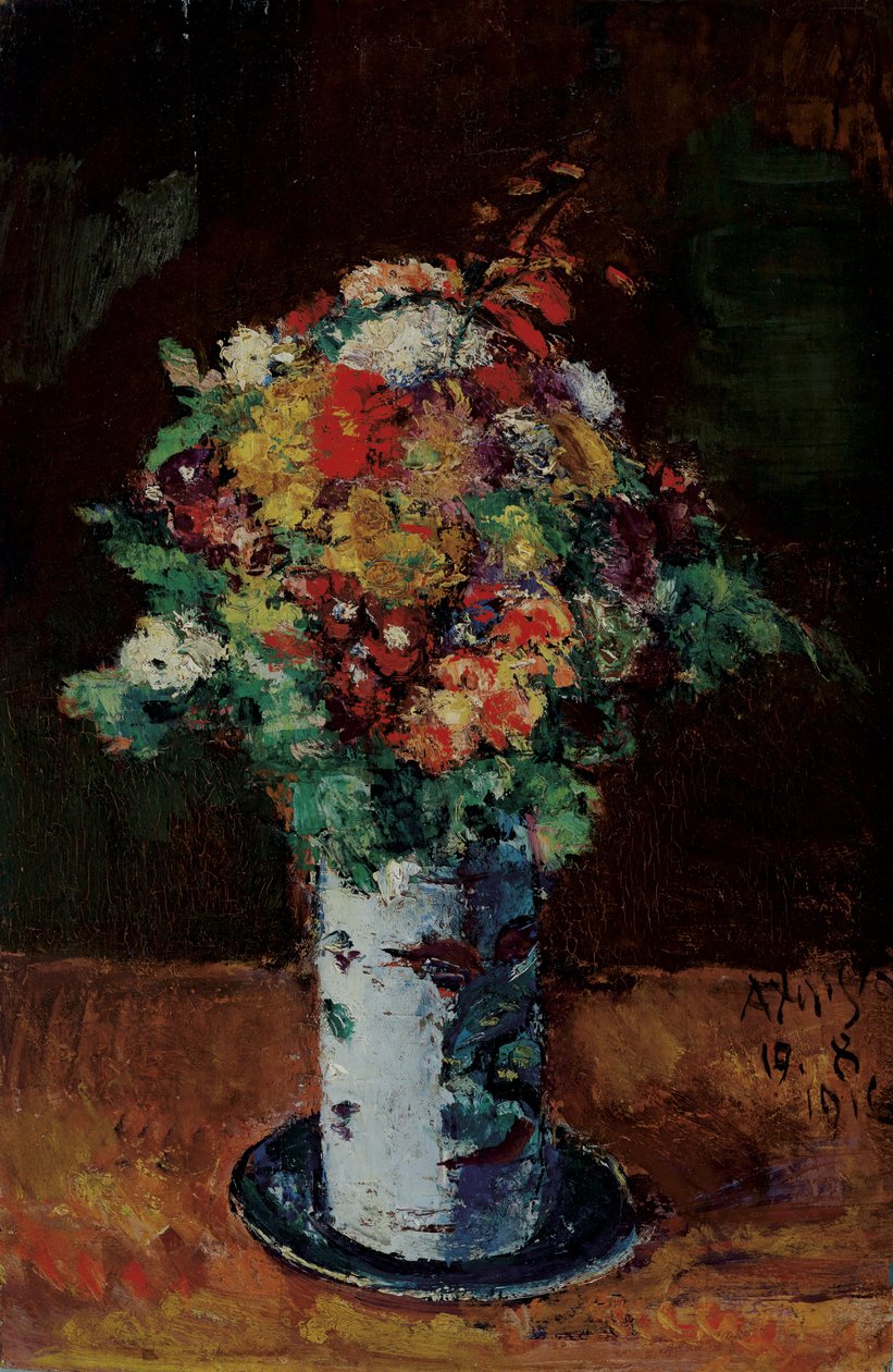 Ramo de flores en jarra sobre plato de Anton Faistauer