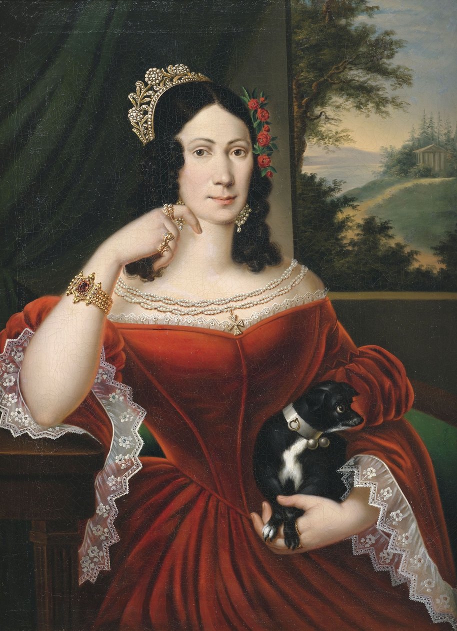 Retrato de una dama noble en una ventana con vista al paisaje de Anton Ferenz