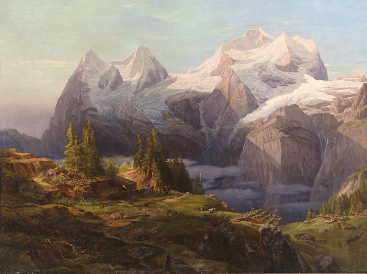 Vista del Oberland bernés con Mönch, Eiger y Jungfrau, en primer plano personal de figuración de Anton Hansch