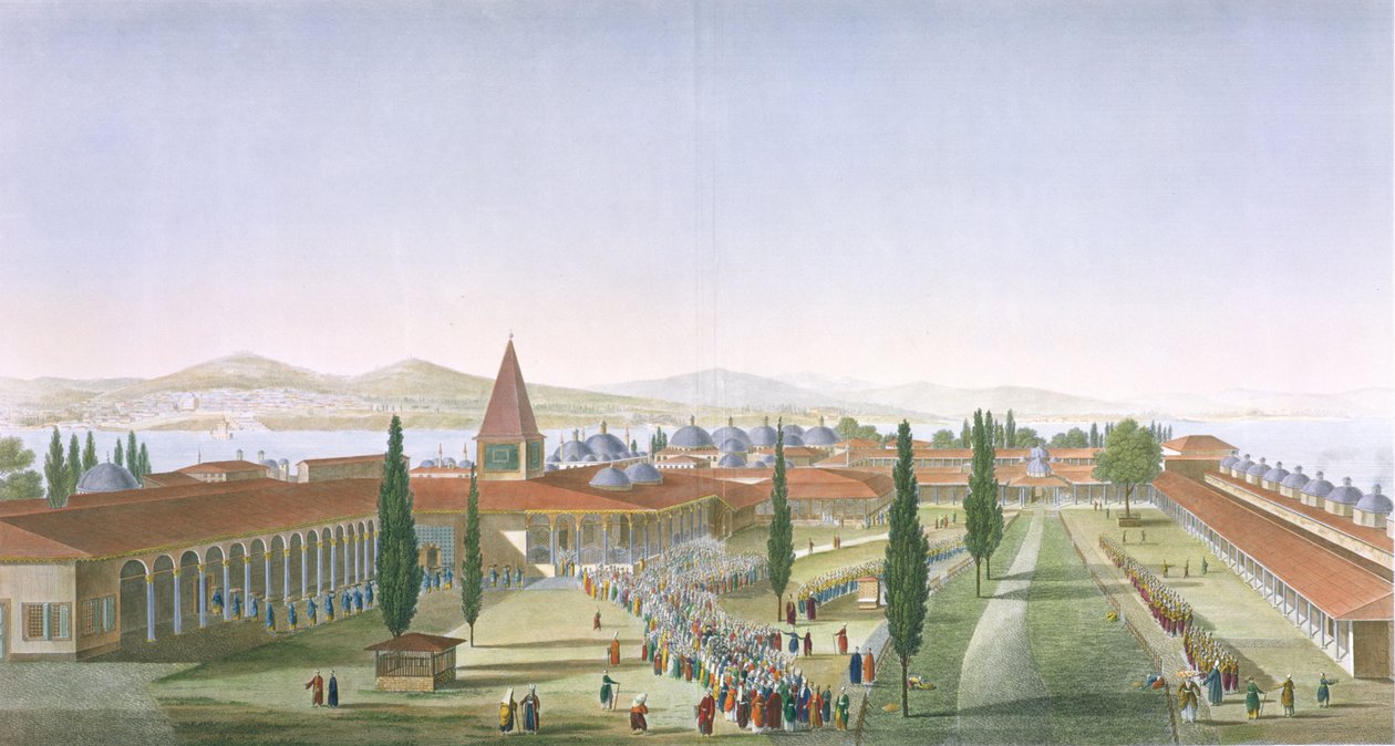 Vista del Patio Interior del Serrallo, Palacio de Topkapi, Constantinopla, grabado por Schroeder y Desmaisons, 1815 de Anton Ignaz Melling