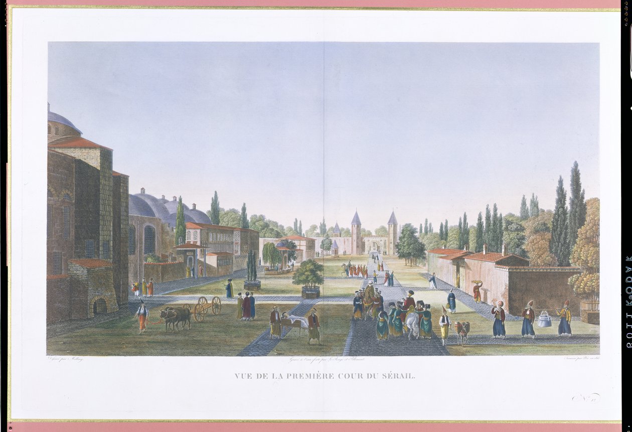 Vista del Patio Exterior del Serrallo, Palacio de Topkapi, Constantinopla, grabado por Jean Nicolas Le Rouge y Jean Baptiste Pillement, 1815 de Anton Ignaz Melling