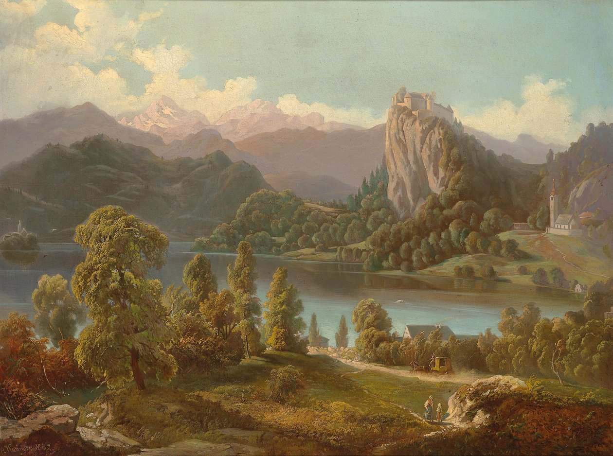 Vista del castillo y la isla con la iglesia de Santa María en el lago Bled de Anton Karinger