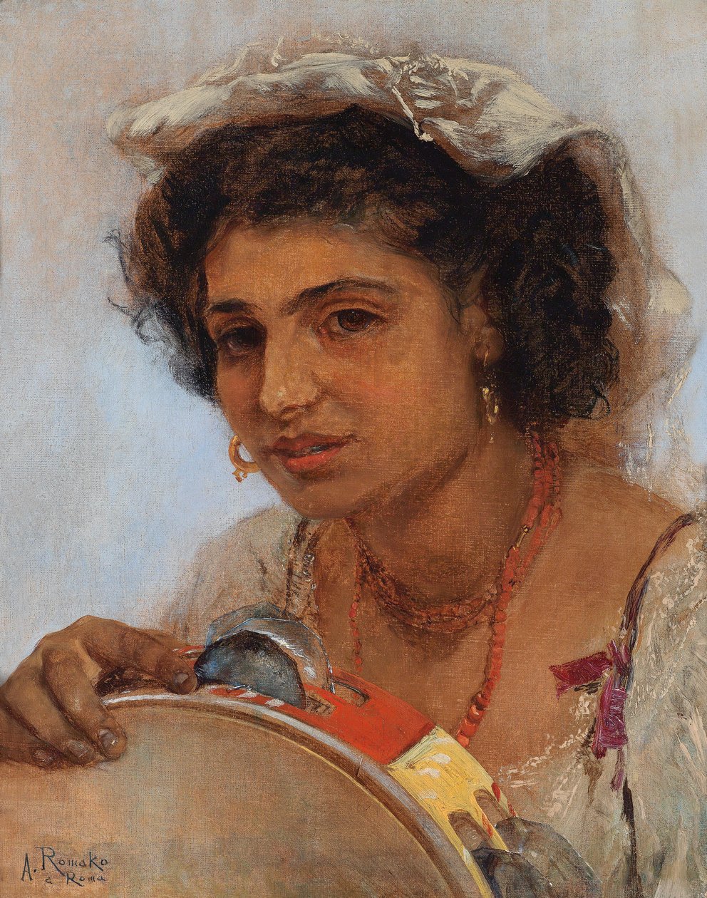 Chica italiana con pañuelo y pandereta de Anton Romako