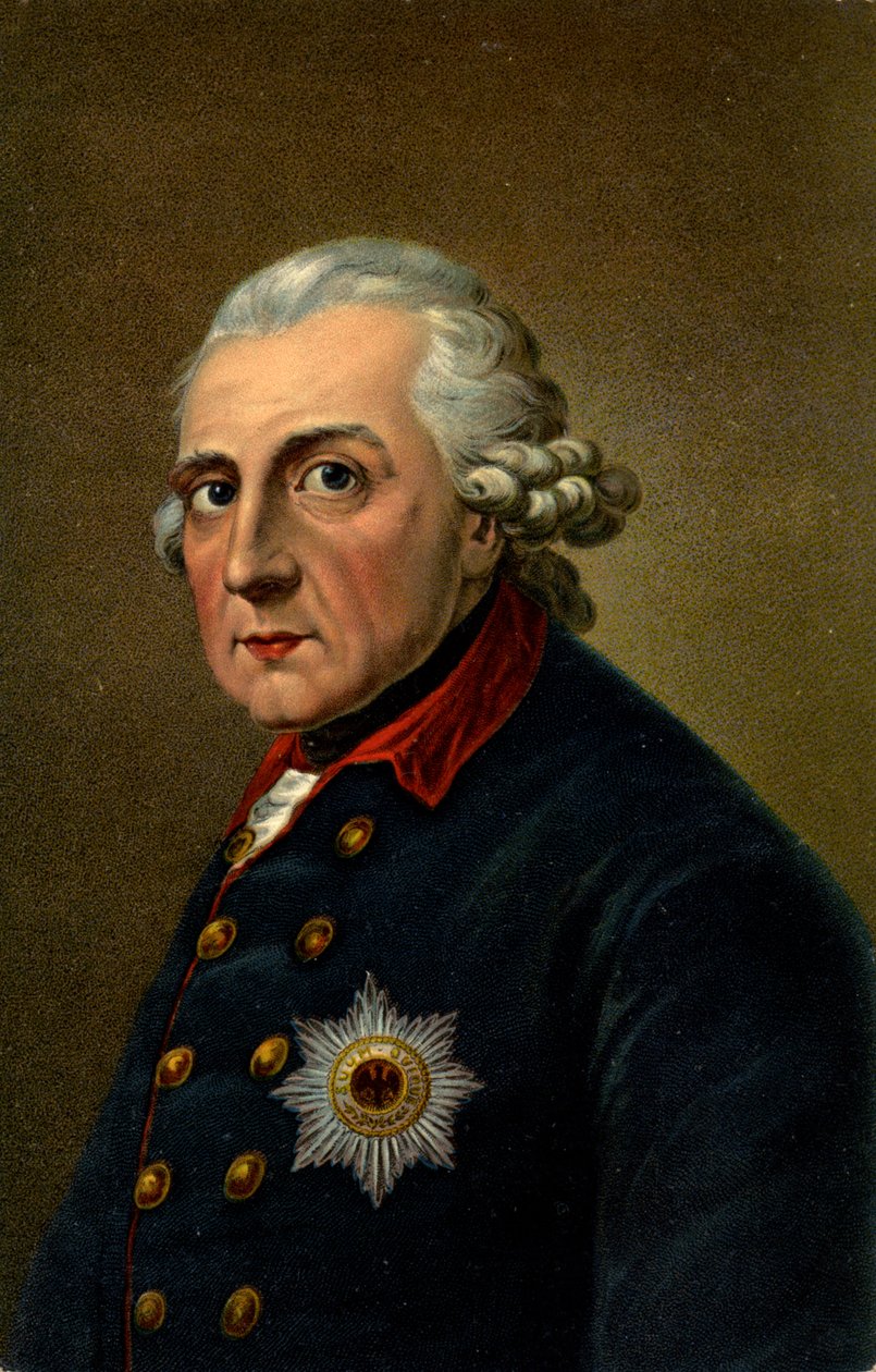 Historia. Alemania. Federico II el Grande. Ilustración inspirada en un retrato de Anton Graff (1780), Alemania, c.1900 (tarjeta postal) de Anton (after) Graff