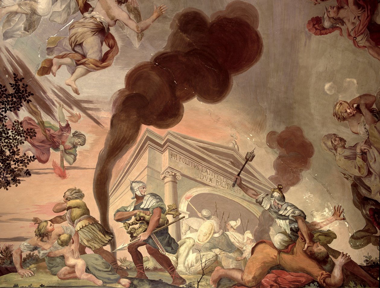 El triunfo de la paz sobre la guerra, detalle de soldados saqueando un templo, del techo del salón principal de Anton Agelo Bonifazi