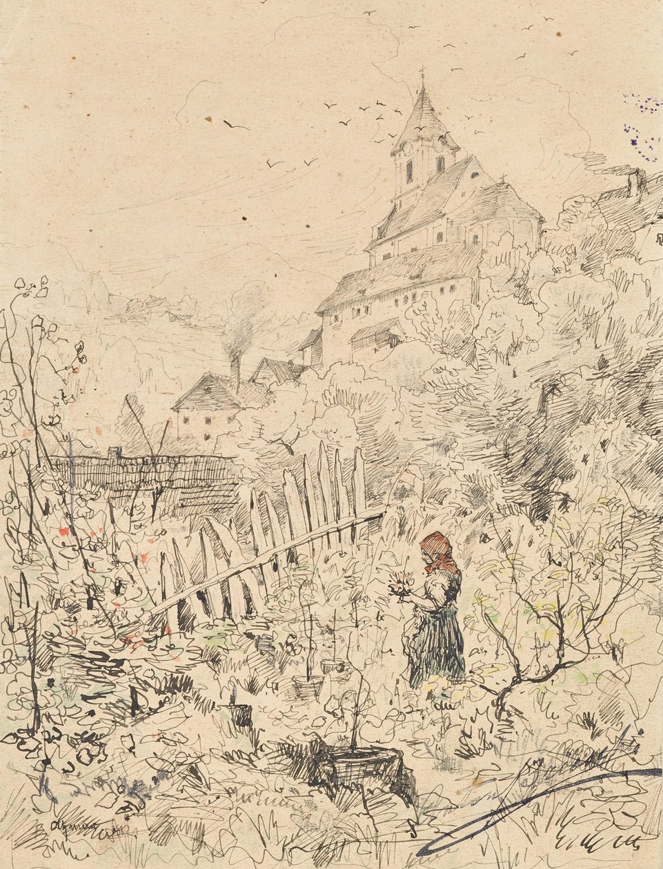 Campesina en el jardín, detrás de su iglesia y pueblo de Anton Brioschi