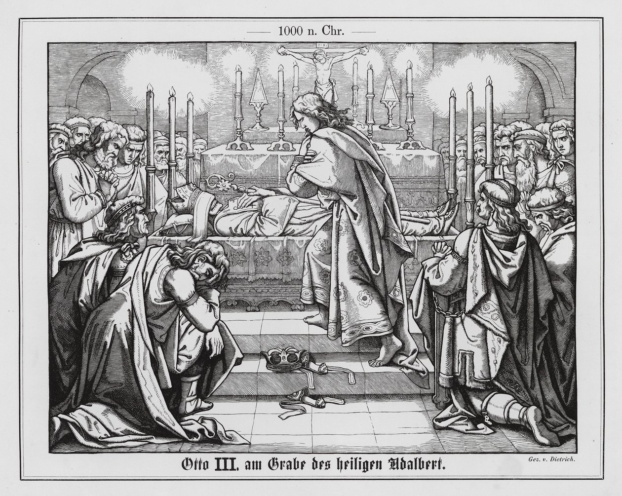 El emperador Otón III ante la tumba de San Adalberto de Praga (grabado) de Anton Dietrich