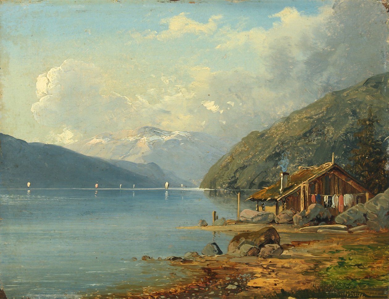 Danés:  Lille hytte ved en søbred i Tyskland Una pequeña cabaña en un lago de Alemania de Anton Eduard Kieldrup