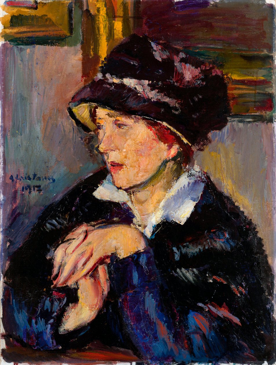 Mujer con sombrero oscuro - Pintura de Anton Faistauer (1887-1930) óleo sobre lienzo de Anton Faistauer