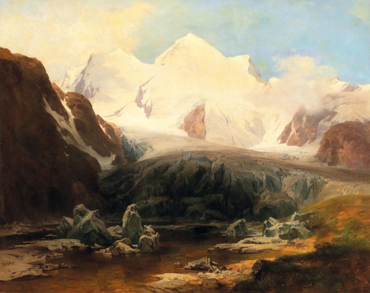 Vista de un lago de montaña con montañas nevadas al fondo de Anton Hansch