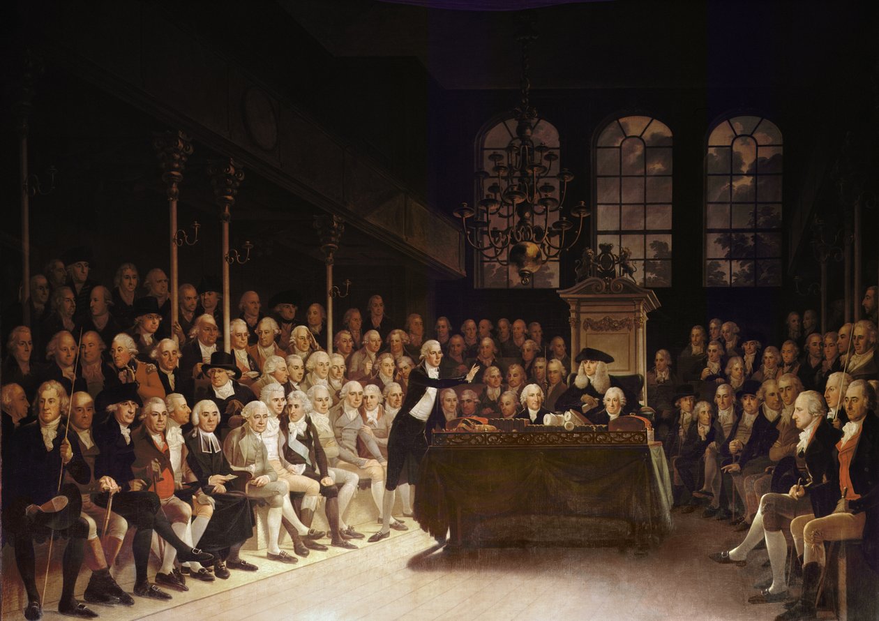 William Pitt dirigiéndose a la Cámara de los Comunes sobre la Declaración de Guerra de Francia 1793 de Anton Hickel