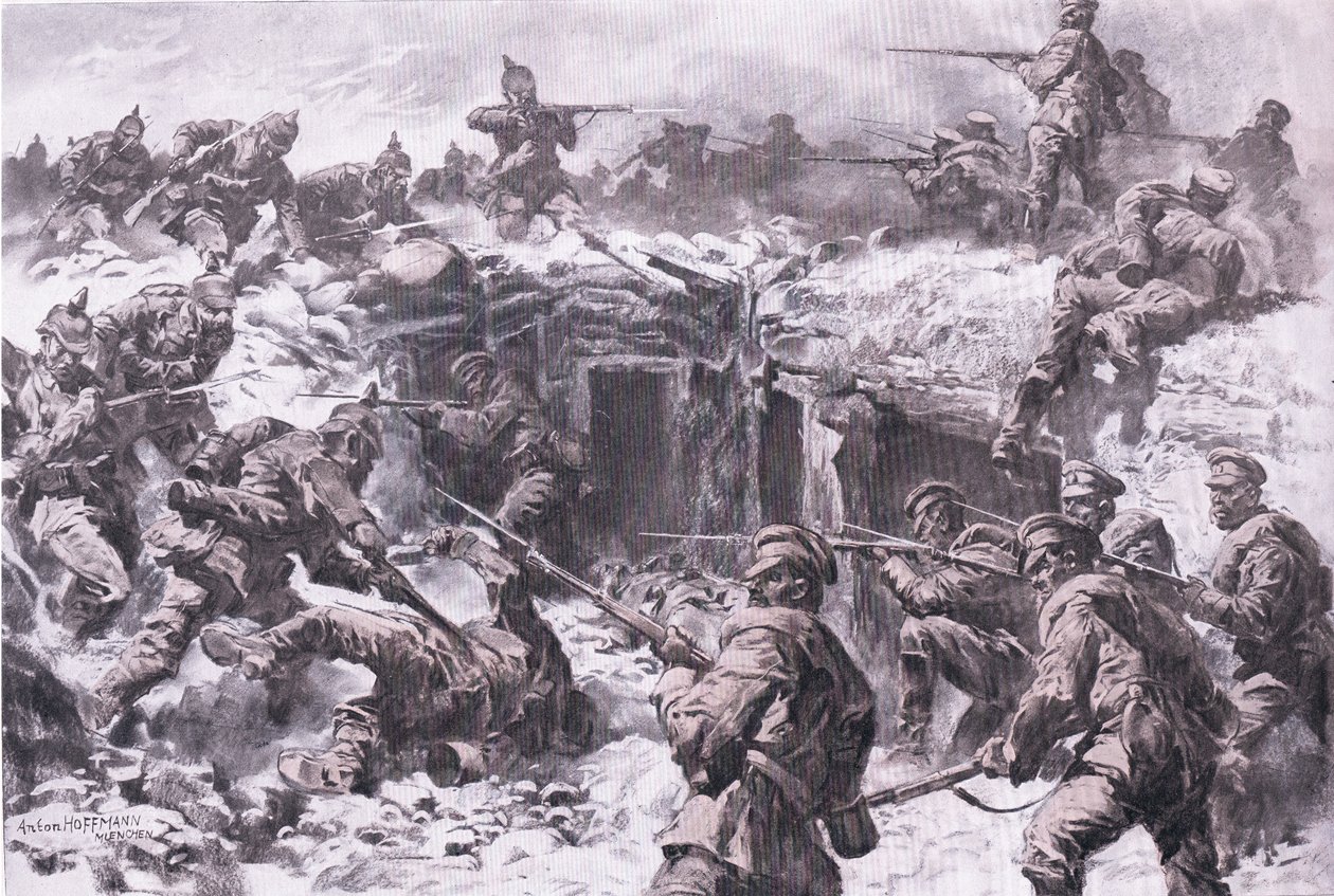 La derrota del Cuerpo de Granaderos de Moscú por tropas silesianas, prusianas e imperiales alemanas, de La Historia Ilustrada de la Primera Guerra Mundial 1914-1915 pub. por Union Berlagsefellfchaft de Anton Hoffman