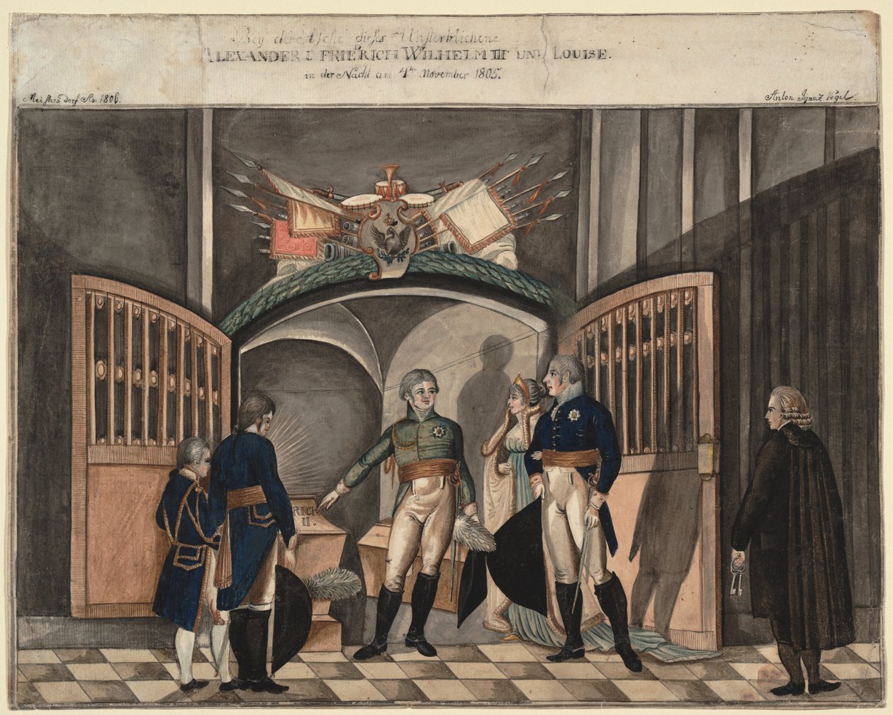 Cerca de las cenizas de Federico el Grande. Zar Alejandro I, Rey Federico Guillermo III y Luisa de Prusia de Anton Ignaz Vogel