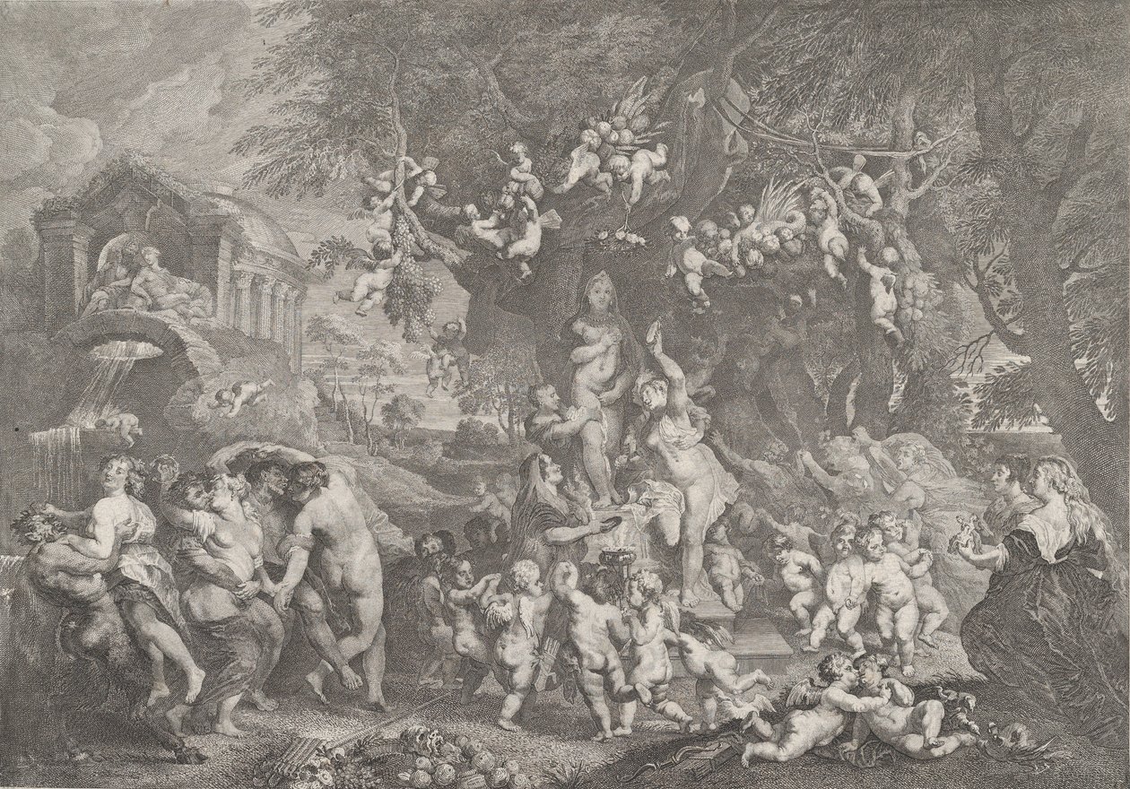 La Fiesta de Venus, con grupos de sátiros, ninfas y putti bailando alrededor de una estatua de Venus de Anton Joseph von Prenner