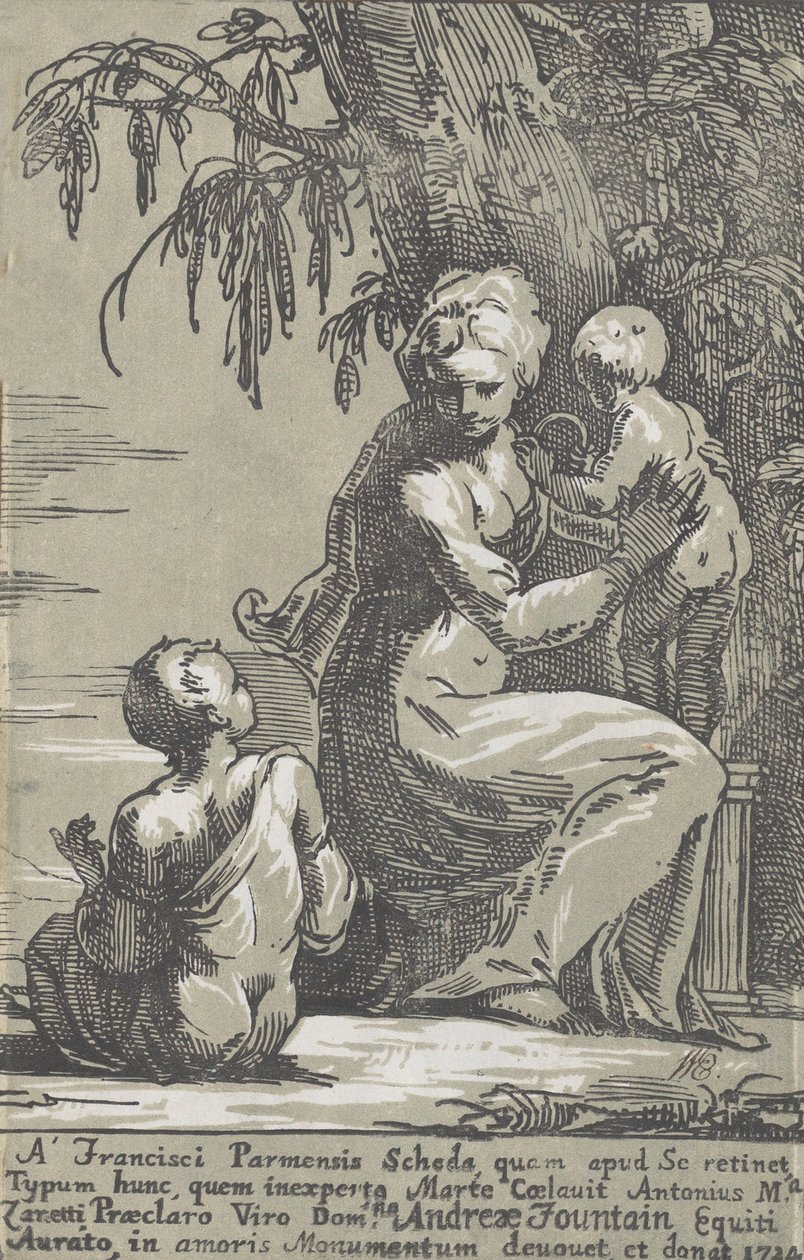 Una mujer de pie al pie de un árbol sosteniendo a un bebé, con un niño sentado, 1724 de Anton Maria Zanetti