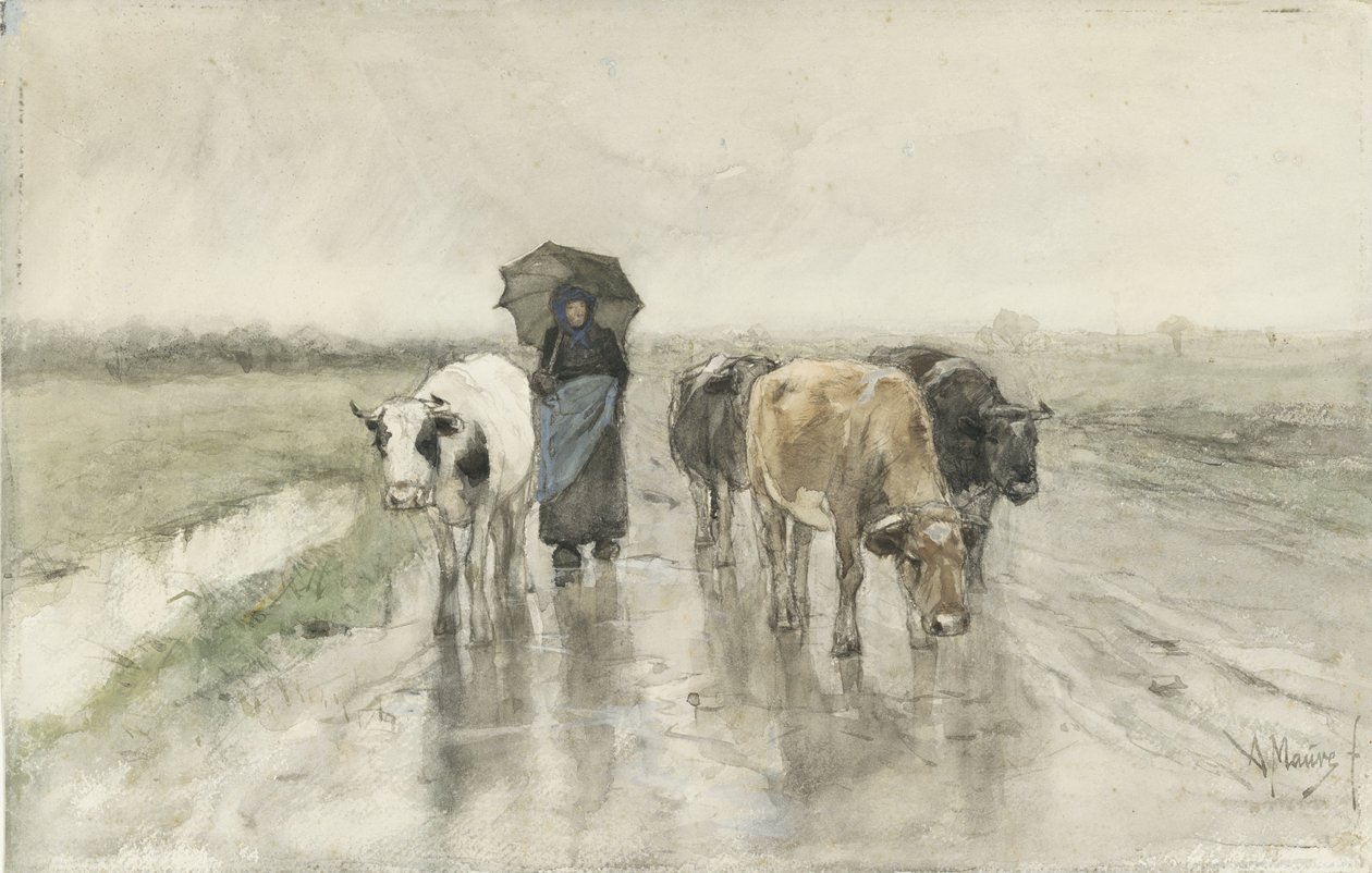 Una manada de vacas en un camino rural bajo la lluvia
Una pastora con vacas en un camino rural bajo la lluvia de Anton Mauve