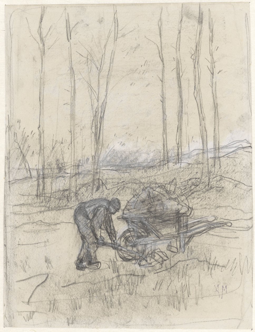 Agricultor trabajando con una carretilla en el bosque de Anton Mauve