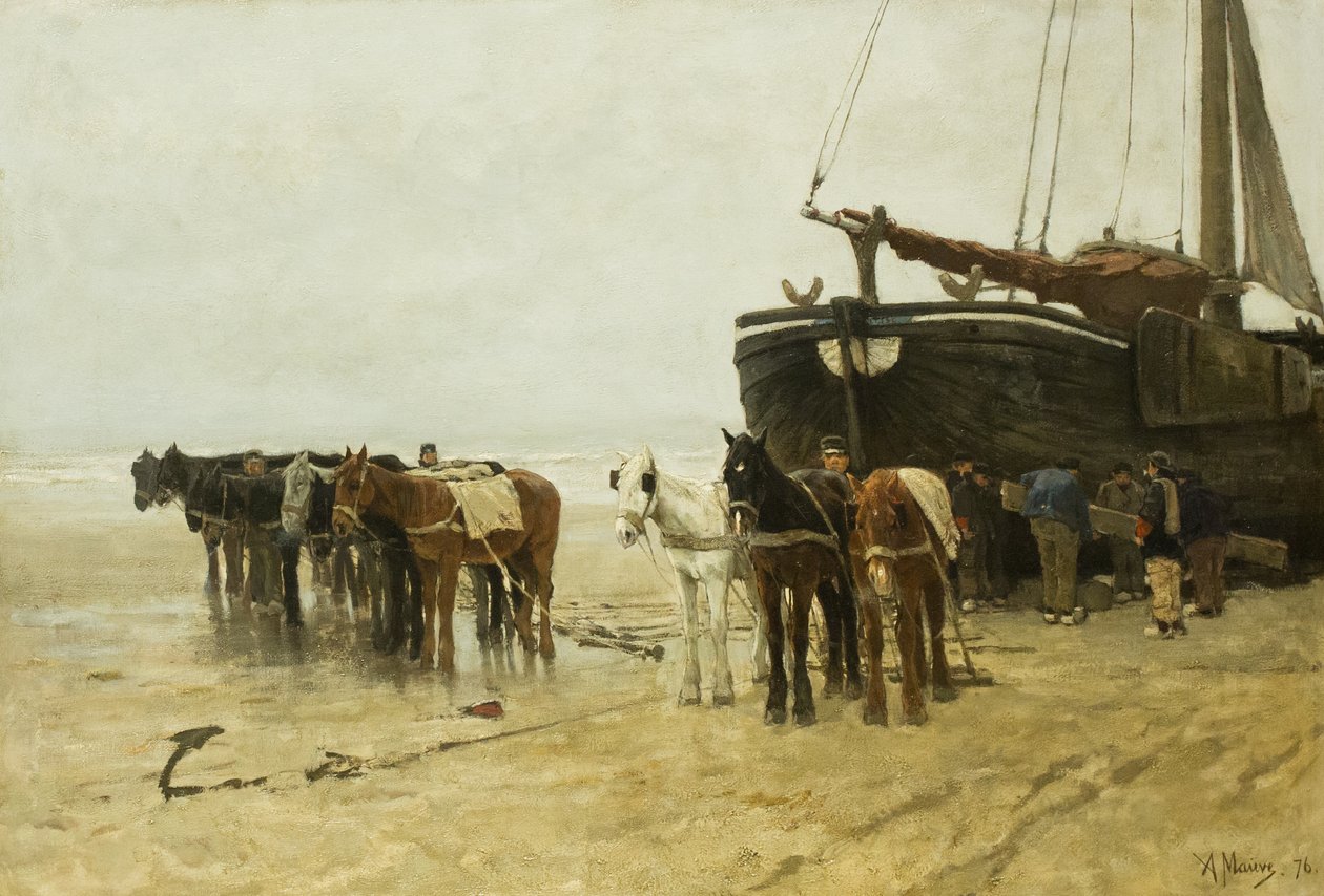 Holandés: Bomschuit con caballos de remolque en la playa de Scheveningen Barco de pesca con caballos de remolque en la playa de Scheveningen de Anton Mauve
