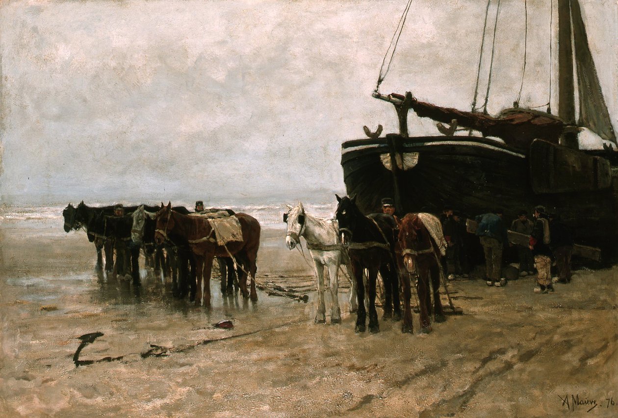 Holandés: Bomschuit con caballos de remolque en la playa de Scheveningen Barco de pesca con caballos de remolque en la playa de Scheveningen de Anton Mauve