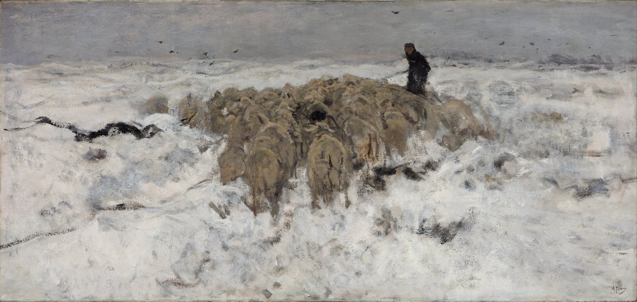 Rebaño de ovejas con pastor en la nieve de Anton Mauve